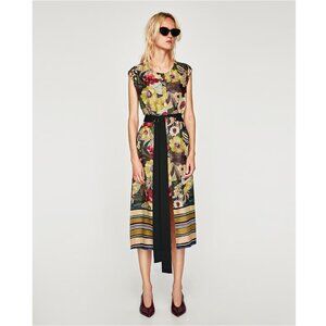 Zara Floral sleeveless shirt dress with long waist tie